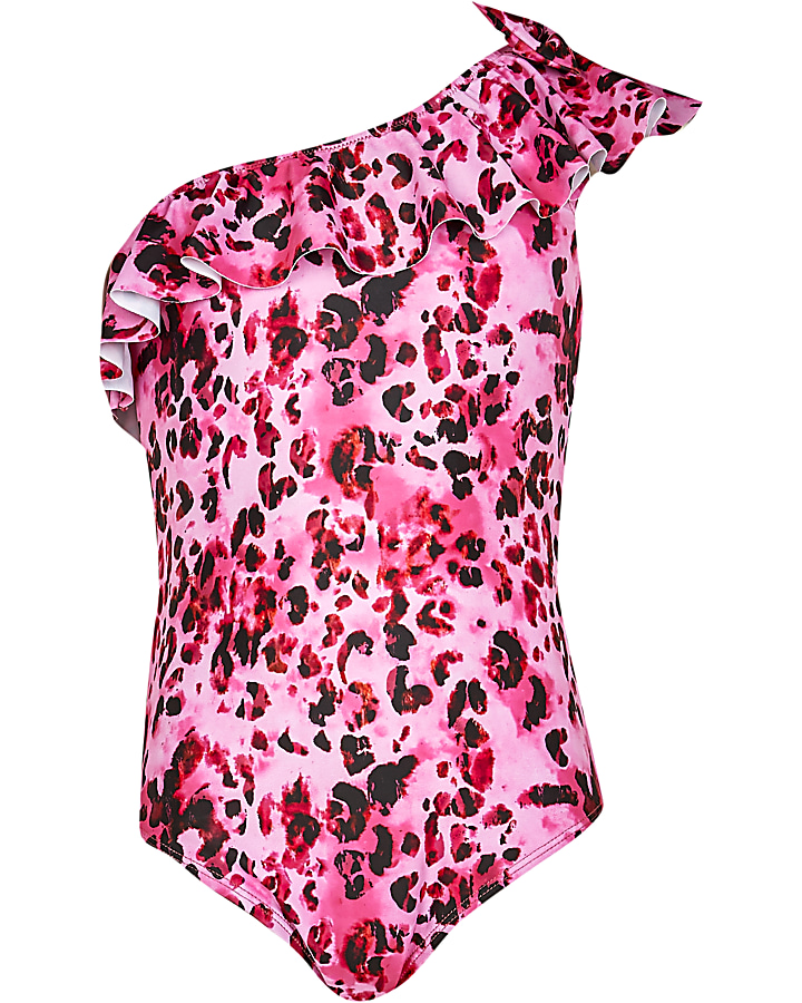Girls pink leopard one shoulder swimsuit