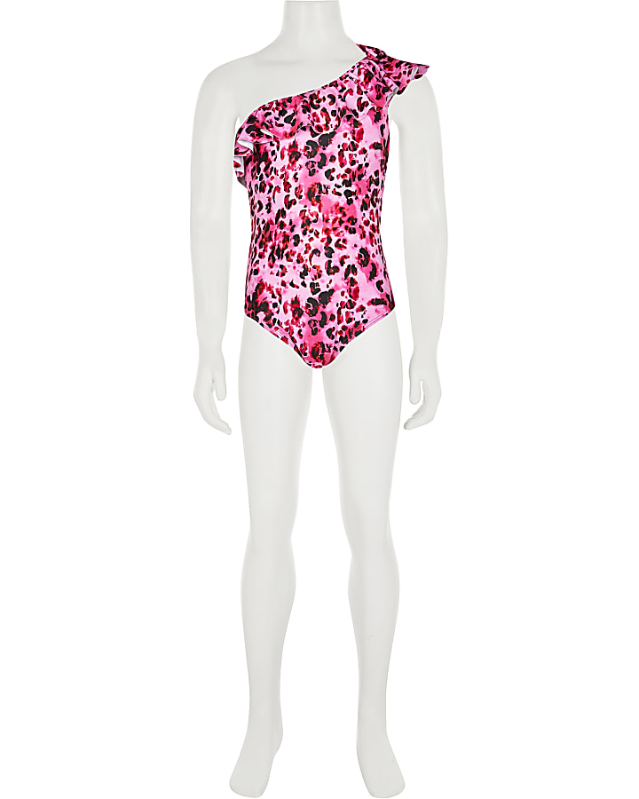 Girls pink leopard one shoulder swimsuit
