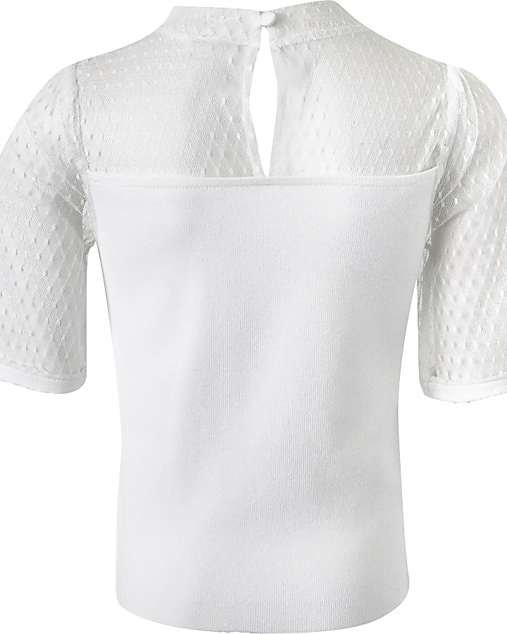 Girls white mesh puff sleeve bow ribbed top