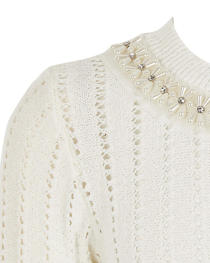 Girls white embellished knitted frill jumper