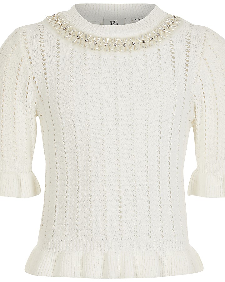 Girls white embellished knitted frill jumper