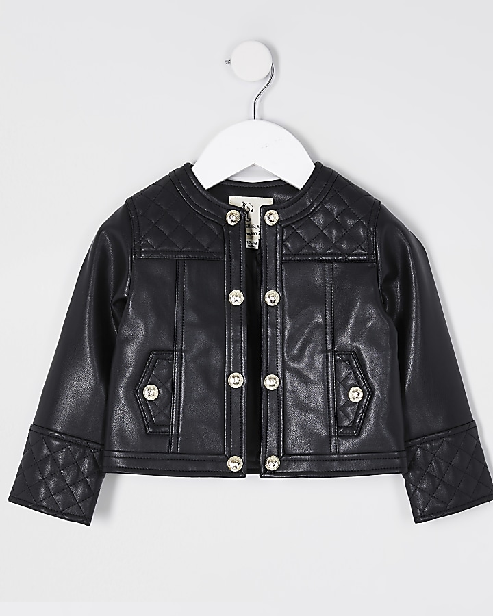 Mini girls black faux leather jacket