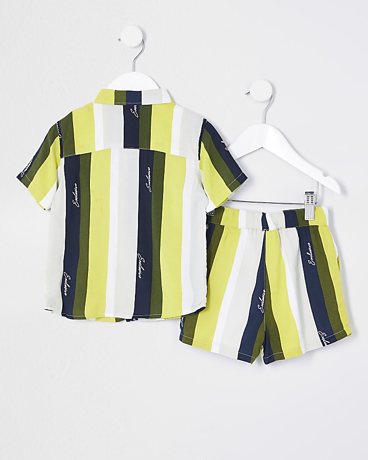 Mini boys green khaki stripe shirt set