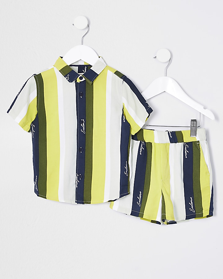 Mini boys green khaki stripe shirt set