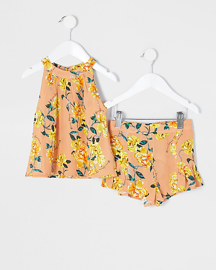 Mini girls orange floral short outfit