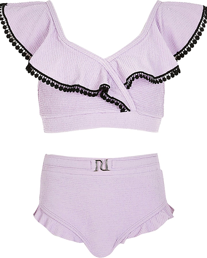 Girls purple frill triangle bikini set