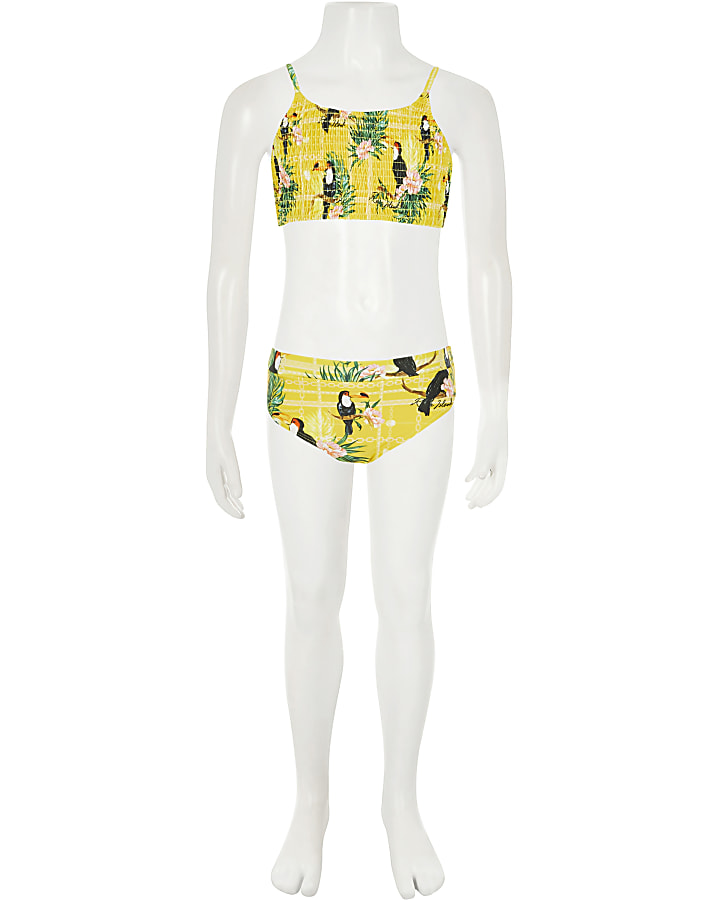 Girls yellow printed shirred bikini set