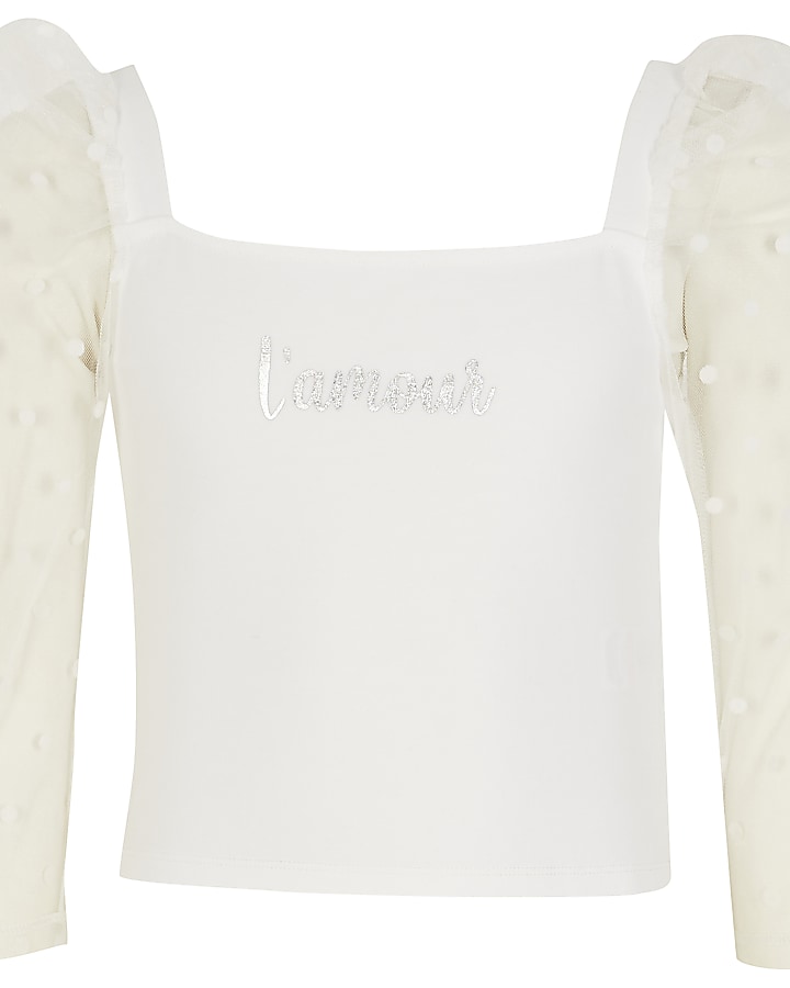 Girls white 'L'amour' dot mesh sleeve top