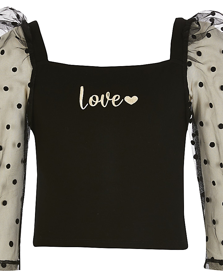 Girls black 'Love' organza puff sleeve top