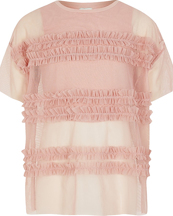Girls pink frill mesh oversized layer top