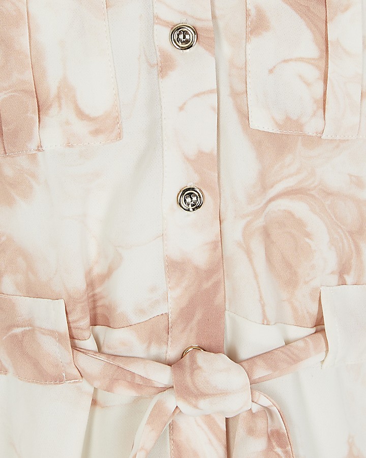Girls pink marble printed belted shirt dress