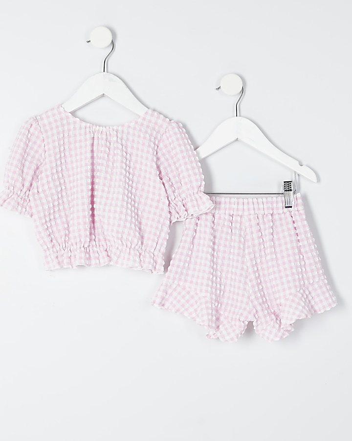 Mini girls pink gingham puff sleeve outfit
