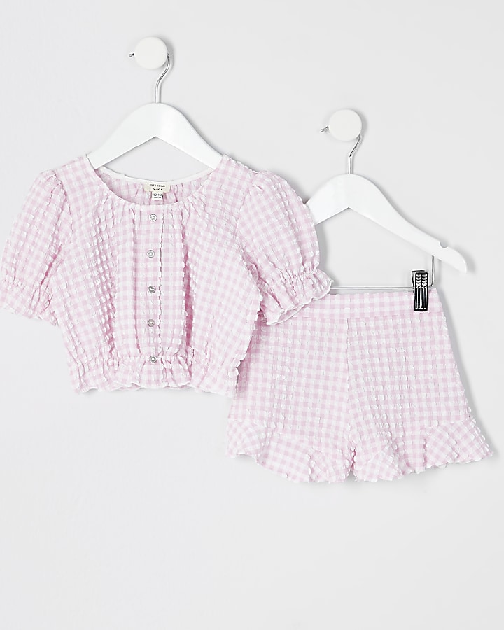 Mini girls pink gingham puff sleeve outfit
