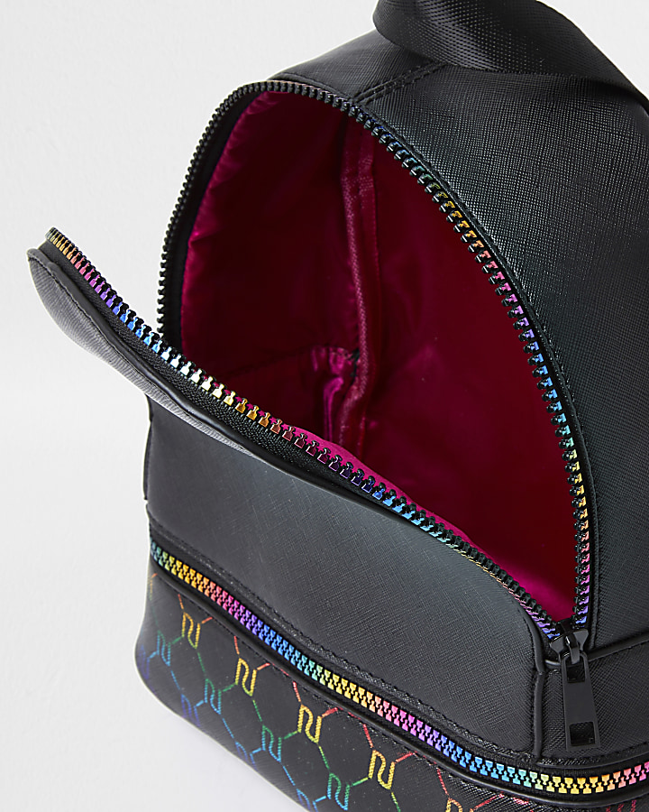 Girls black rainbow monogram backpack