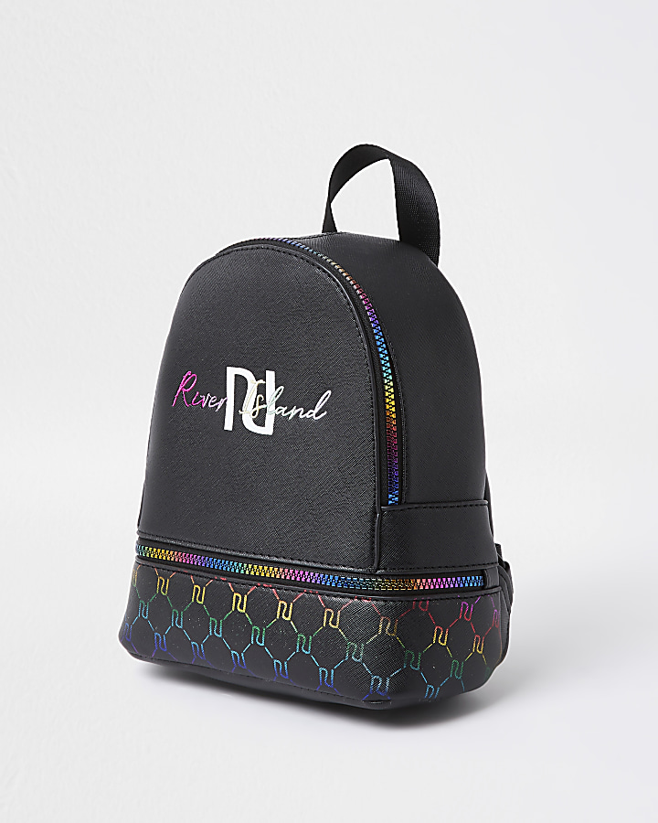 Girls black rainbow monogram backpack