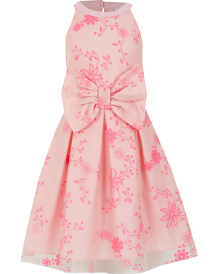 Girls pink embroidered bow prom dress