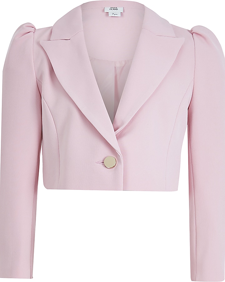 Girls pink puff sleeve cropped blazer