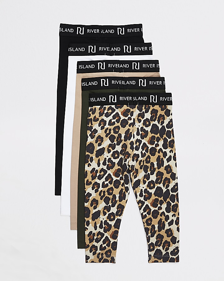Mini girls natural leopard RI leggings 5 pack