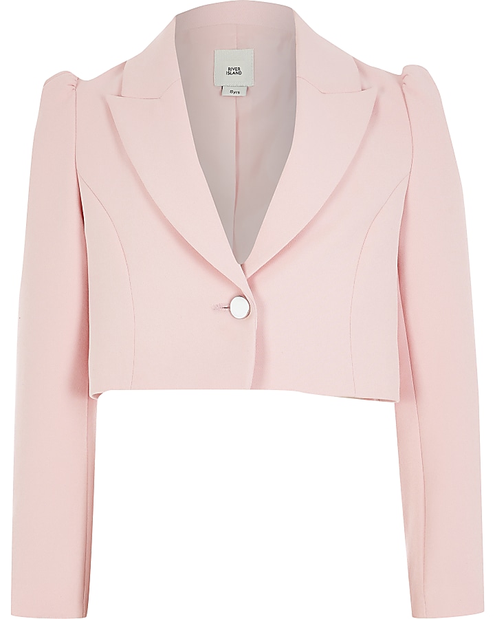 Girls pink puff sleeve cropped blazer