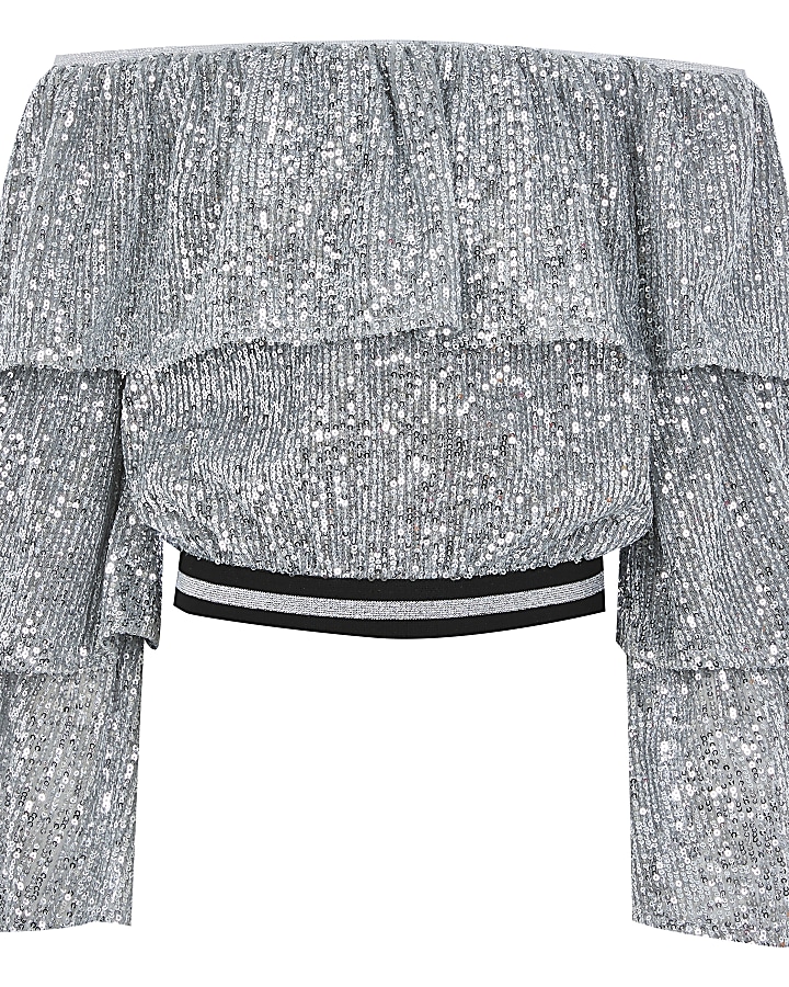 Girls silver sequin bardot cropped top