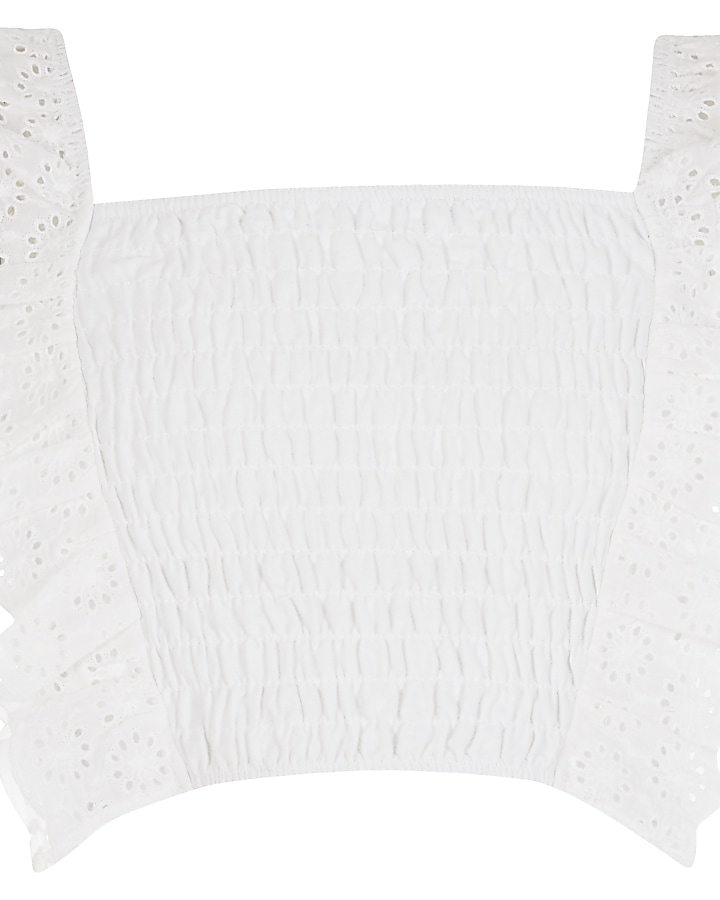 Girls white shirred broderie frill crop top