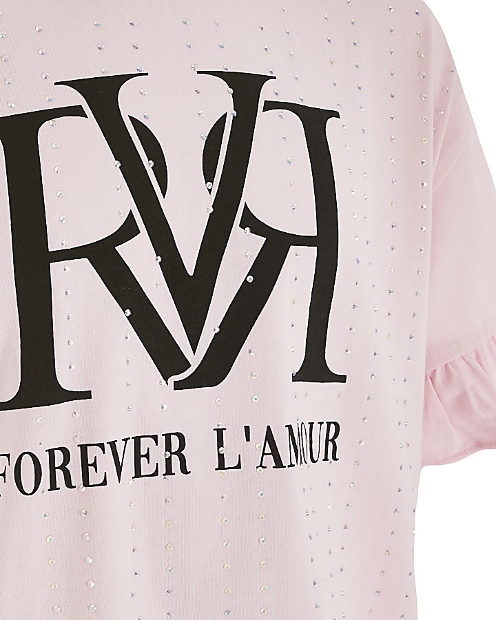Girls pink RVR diamante frill T-shirt