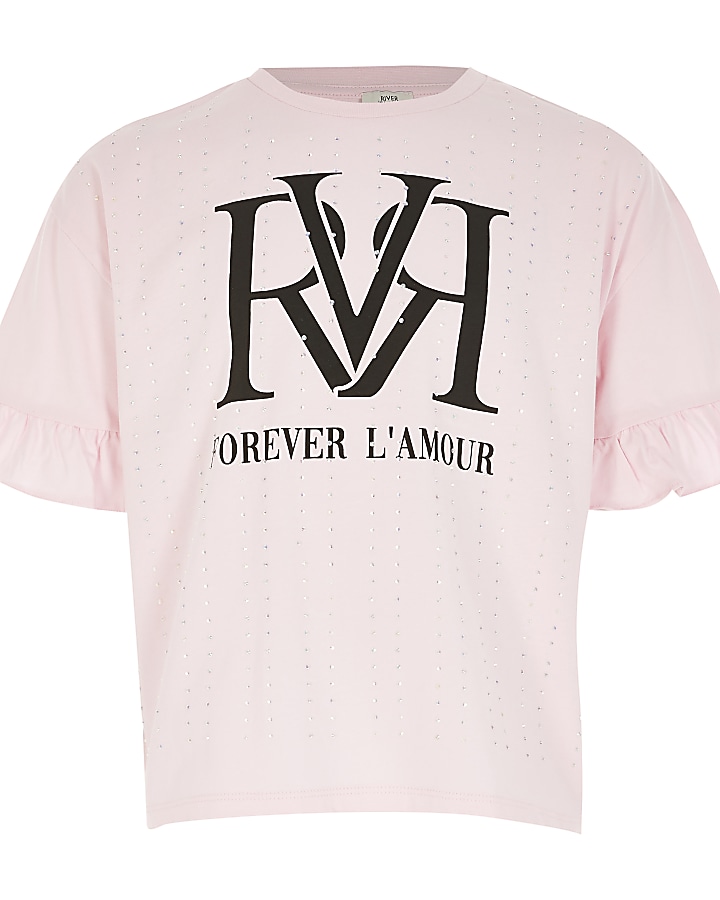 Girls pink RVR diamante frill T-shirt