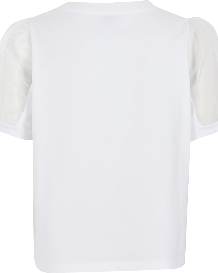 Girls white 'Famous' mesh puff sleeve T-shirt