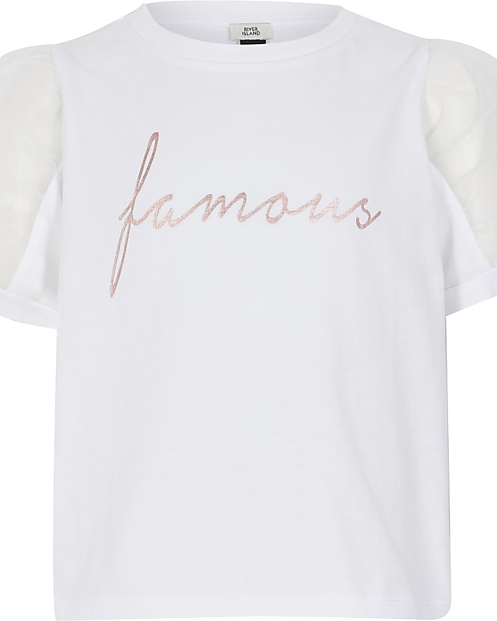 Girls white 'Famous' mesh puff sleeve T-shirt