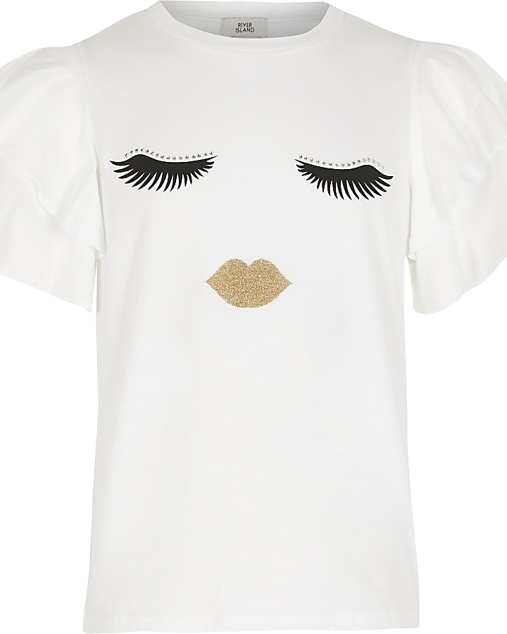 Girls white face printed frill sleeve T-shirt