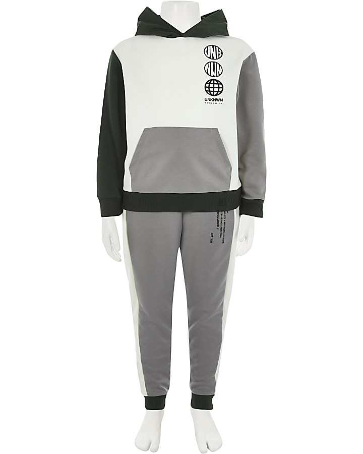 Boys ecru colour blocked hoodie outfit