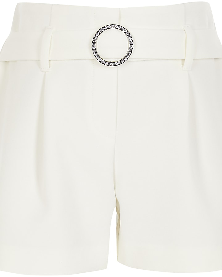 Girls white diamante belted shorts