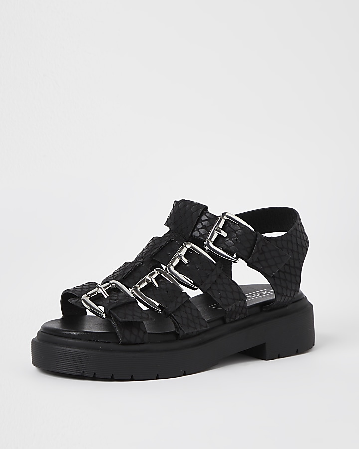 Girls black gladiator chunky sandals