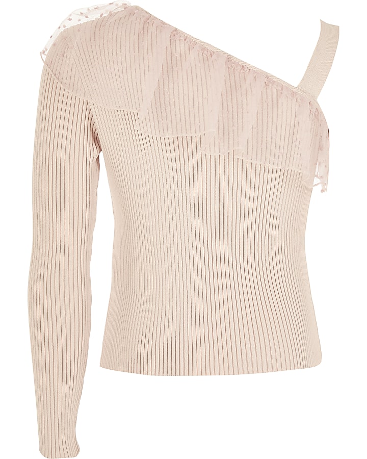 Girls pink one frill shoulder knitted top