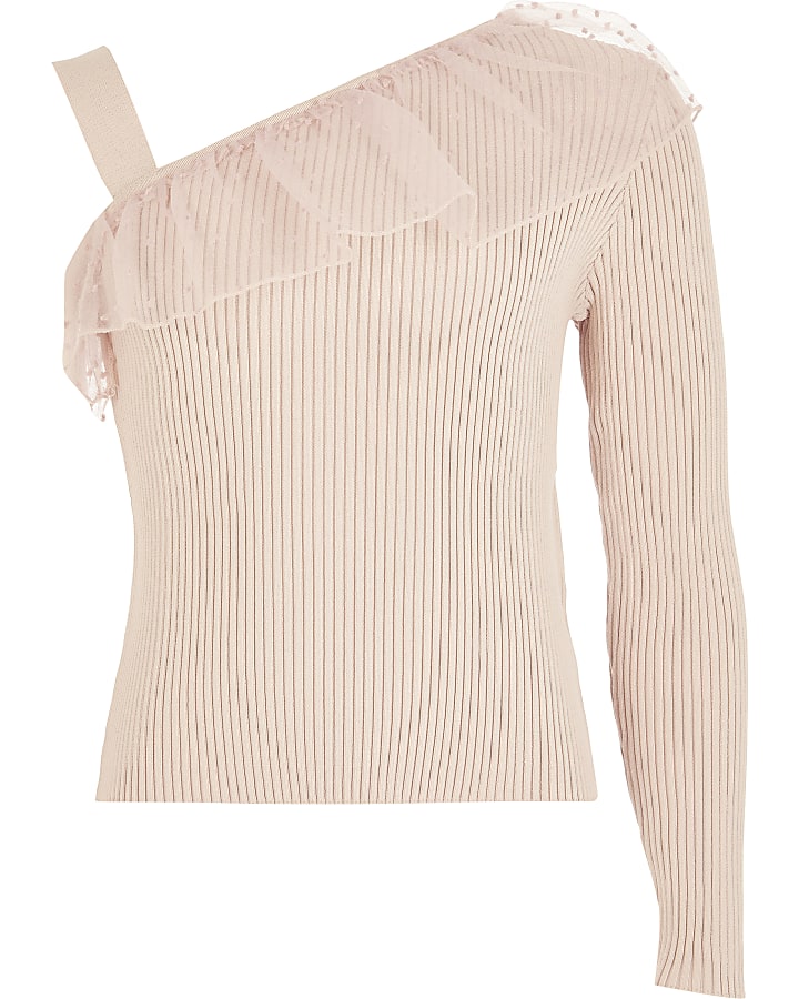 Girls pink one frill shoulder knitted top