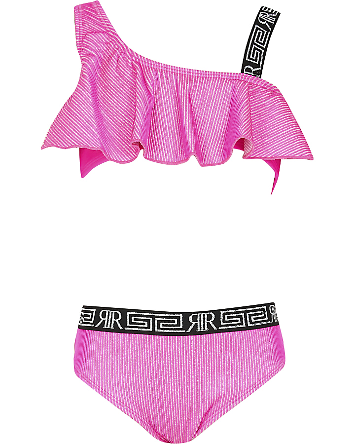 Girls pink metallic frill bikini 2 piece set