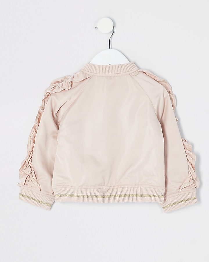 Mini girls pink frill sleeve bomber jacket