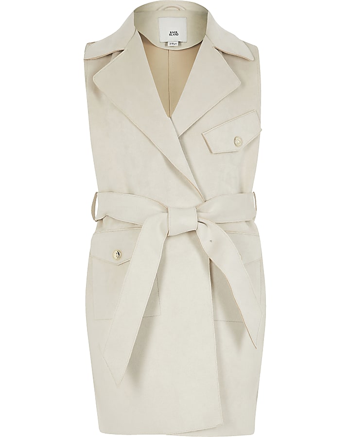 Girls suedette sleeveless belted trench coat