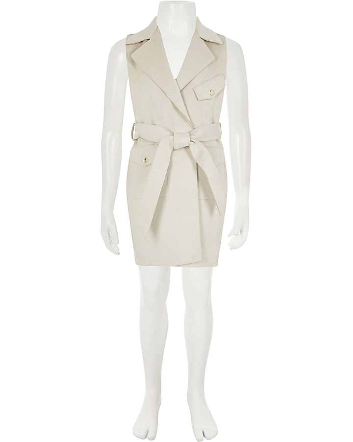 Girls suedette sleeveless belted trench coat