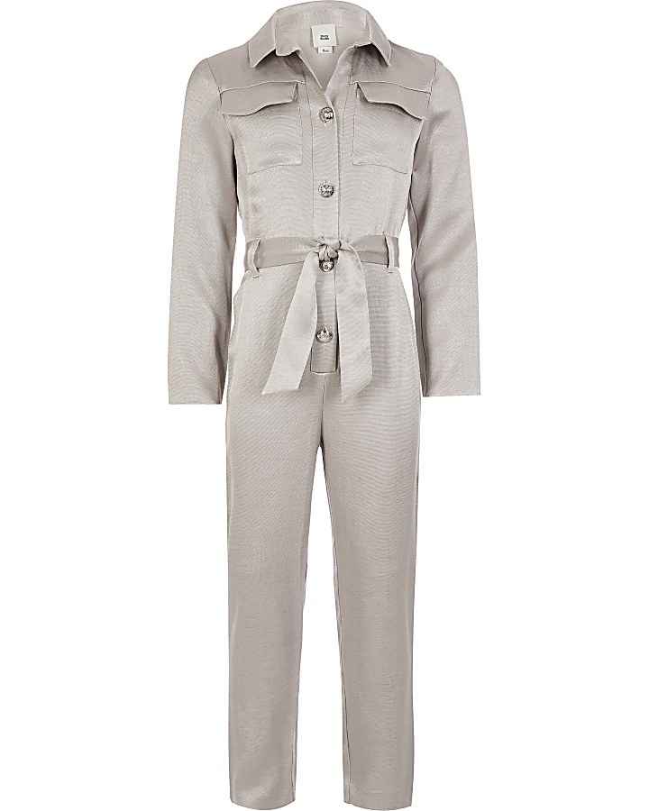 Girls silver belted waist utility jumpsuit