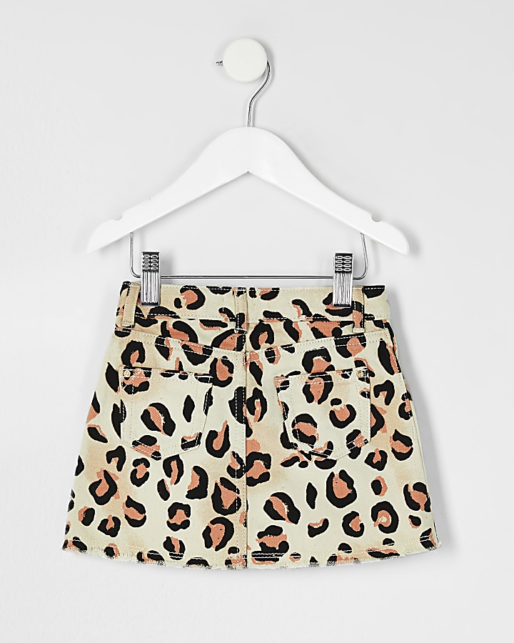 Mini girls natural leopard print denim skirt