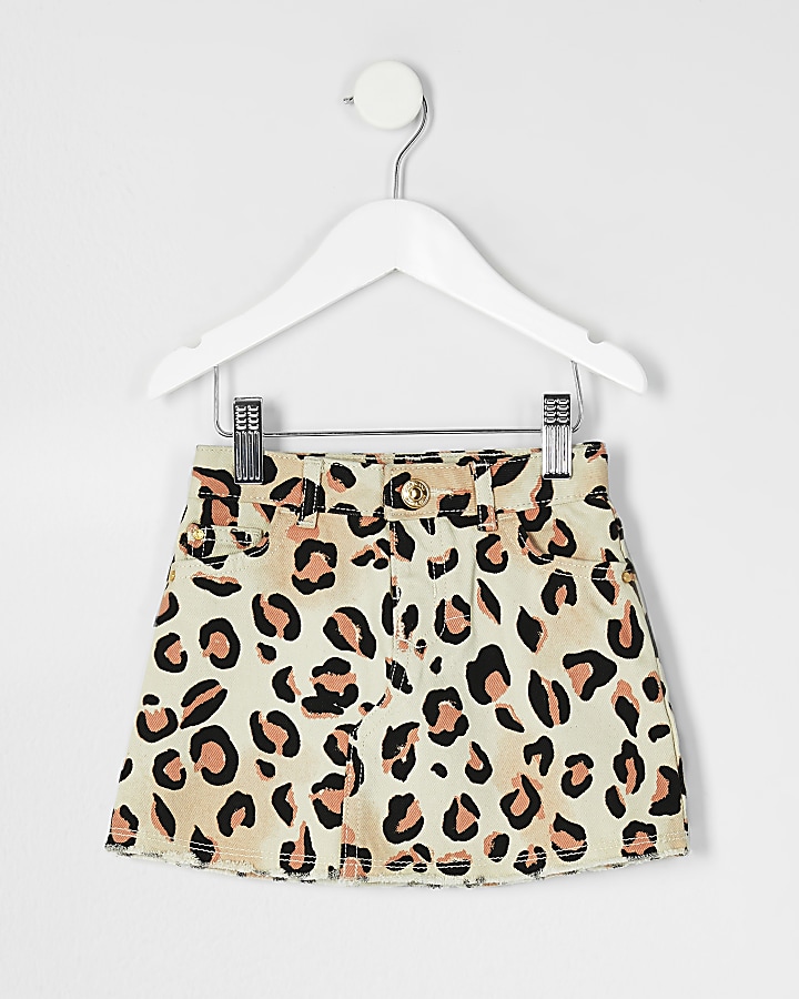 Mini girls natural leopard print denim skirt