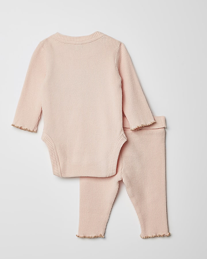 Baby pink waffle bodysuit legging outfit