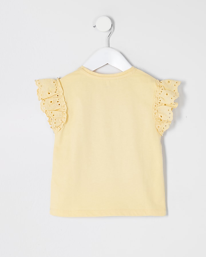 Mini girls yellow broderie sleeve T-shirt