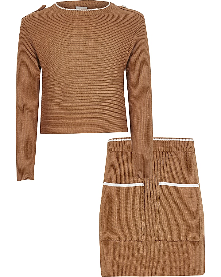 Girls brown rib knitted jumper outfit