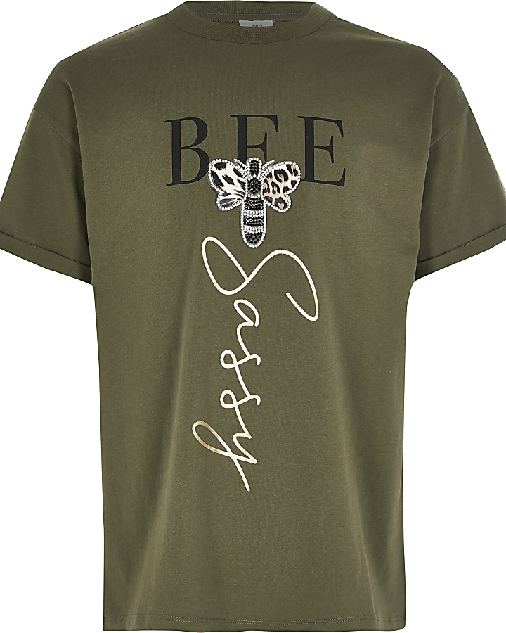 Girls khaki 'bee sassy' embellished T-shirt