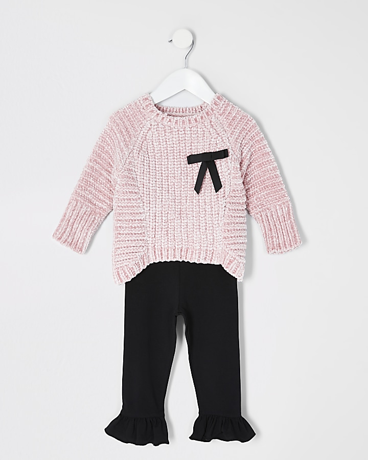 Mini girls pink chenille bow jumper outfit