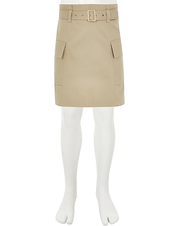 Girls beige belted utility A line skirt