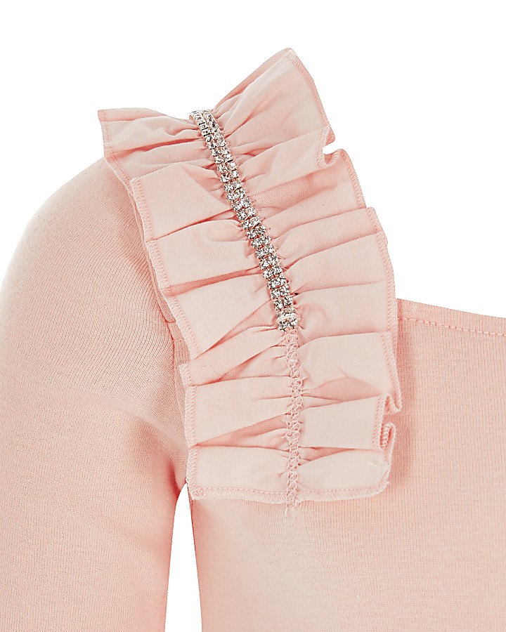 Girls pink diamante frill long sleeve top