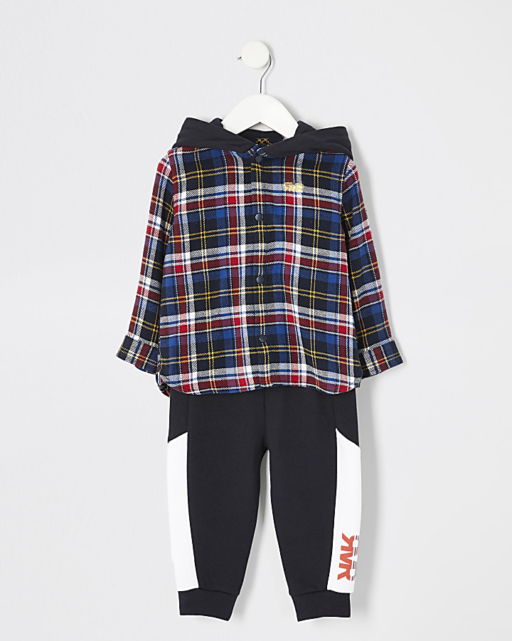 Mini boys blue check hooded shirt outfit